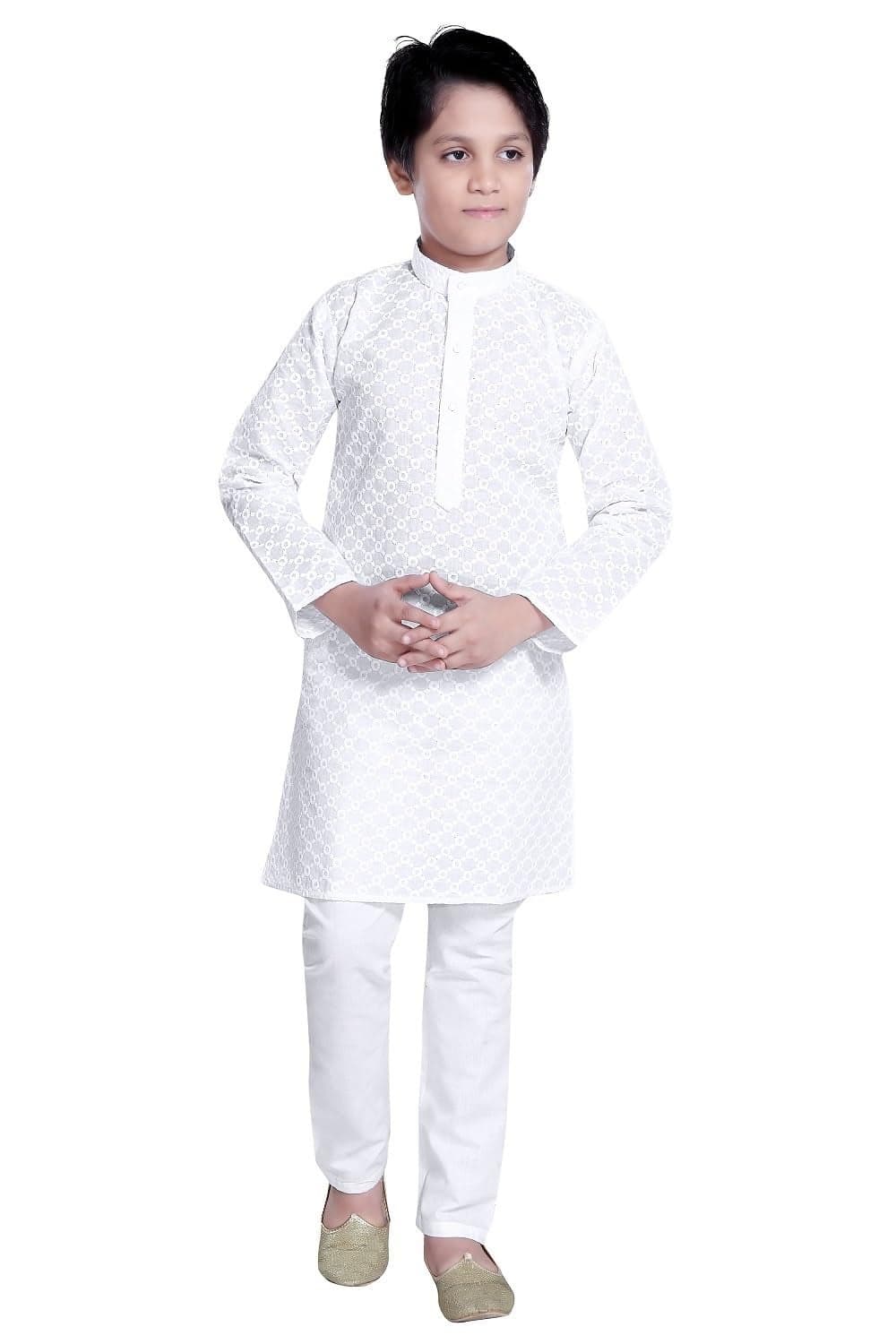 BABA AND BABY boys traditional ethnic wear cotton chikankari white kurta pajama set (White Chikan, 9-10 Years)