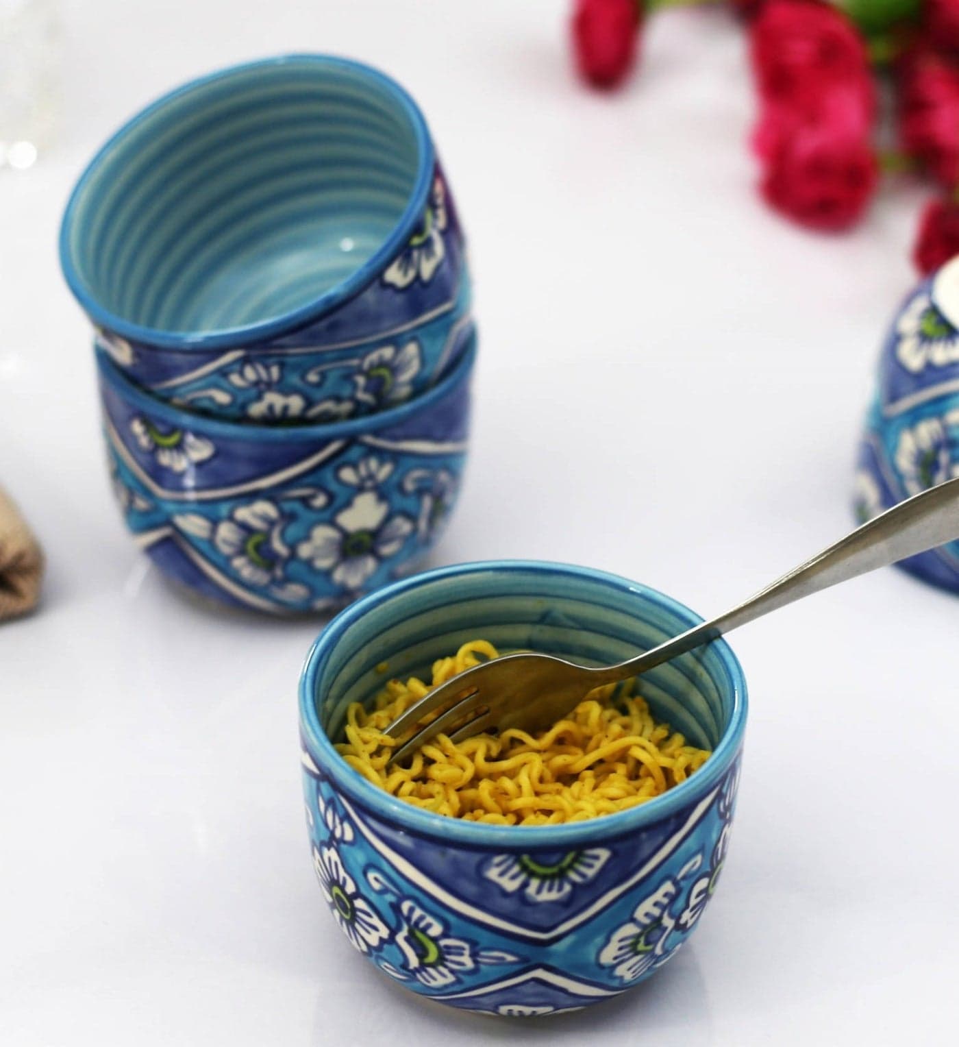 KITTENS Hand Painted Ceramic Soup Bowl Set of 4 – 300ml Each | Blue Floral Design | Microwave & Dishwasher Safe | Food Grade | Ideal for Serving Maggi, Snacks, Pasta, Soup – Made in India