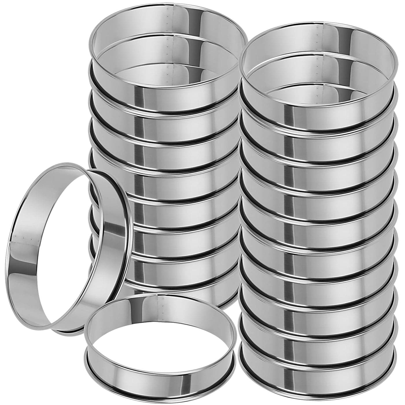 MUKLEI 20 Pack 4 Inch English Muffin Rings Double Rolled Tart Ring Stainless Steel Crumpet Rings Nonstick Metal Round Ring Pastry Mold for Baking Silver