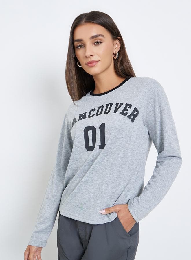 Grey Slogan Print Long Sleeve T-Shirt
