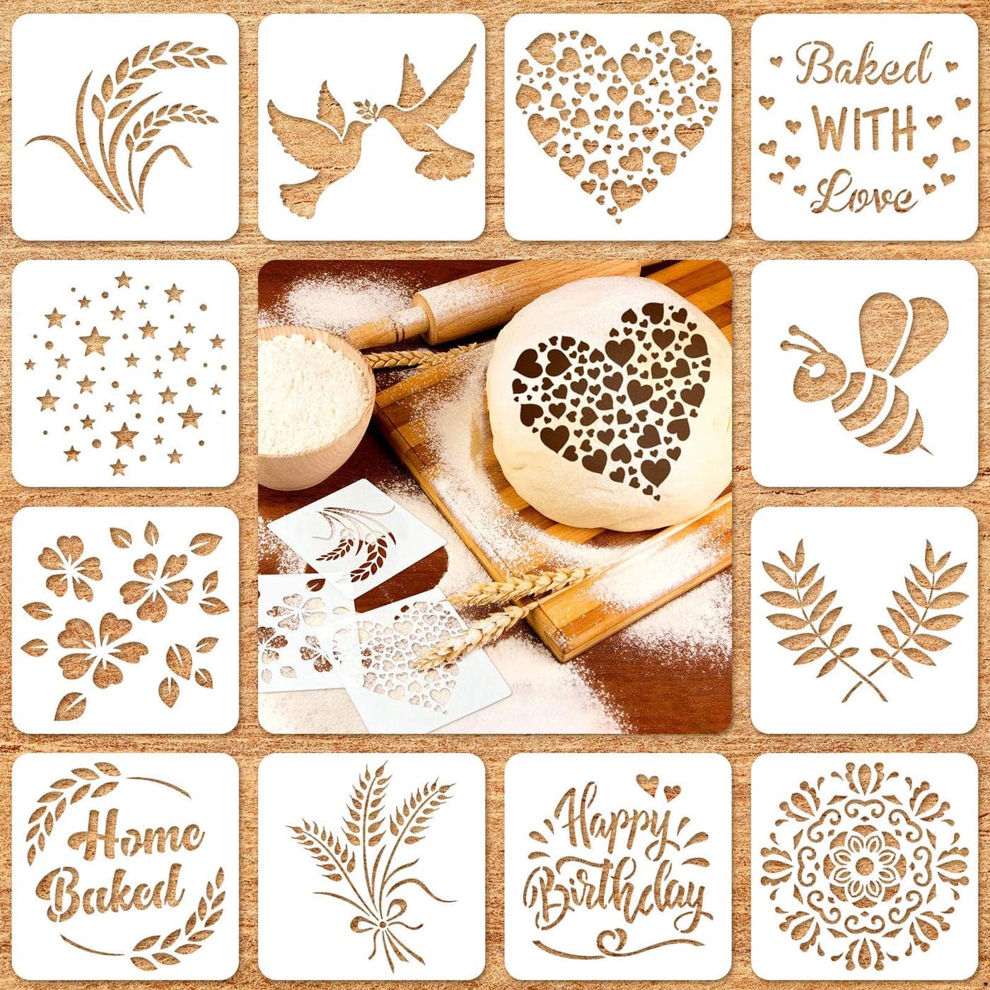 Patelai 12 Pcs Stencil for Bread Artisan Bread Stencils Baking Mold Set Cook Baking Template Cake Pie or Cookie Template Mold for Decorating 12 Style59 x 59 Inch