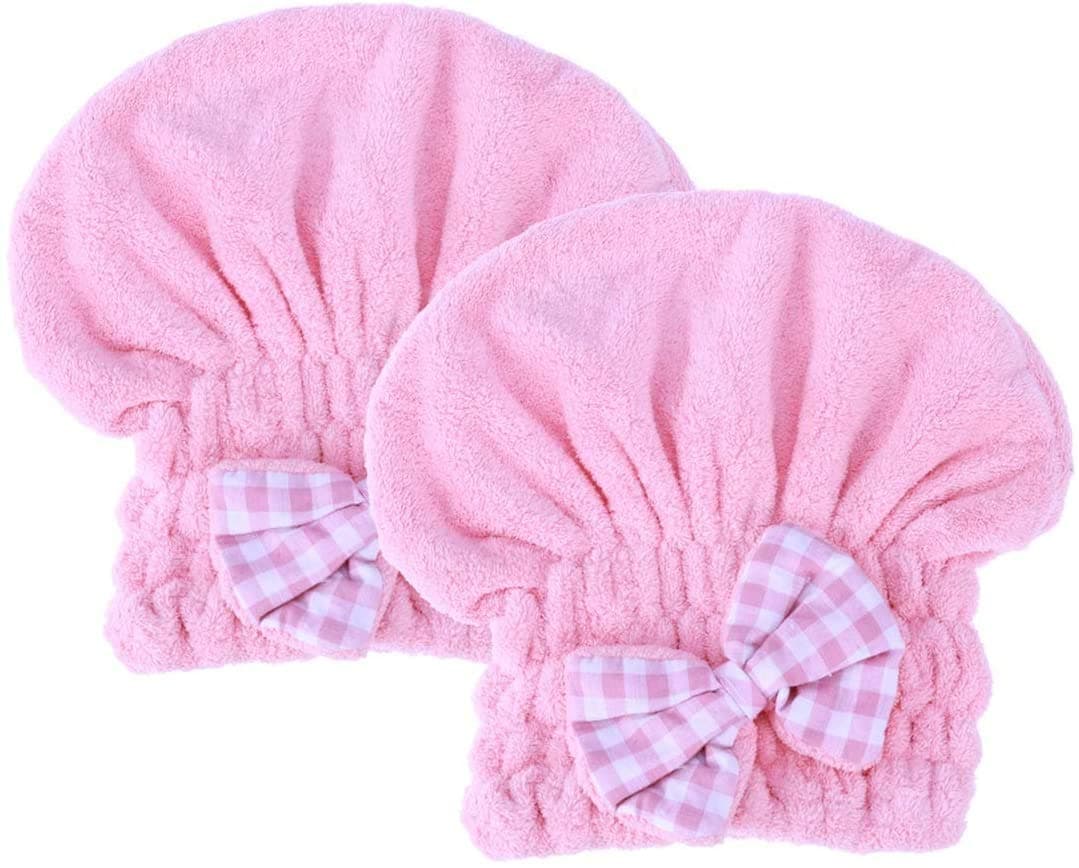 VRT Microfiber Hair Drying Towels Head wrap with Bow-Knot Shower Cap Hair Turban hair Wrap Bath Cap for Curly Long & Wet Hair Gift for Women 2pack (pink)
