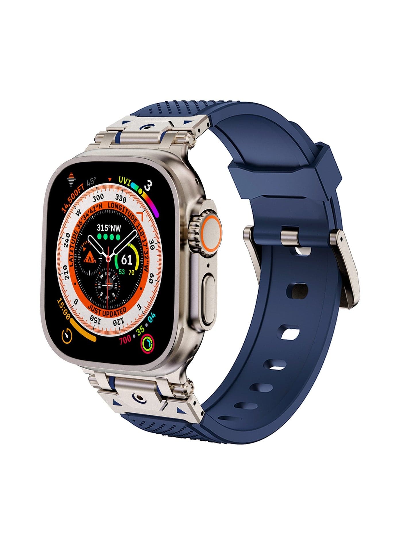 Sport Band for Apple Watch 49mm 46mm 45mm 44mm, Rugged Metal Connector with Silicone Rubber Watch Strap for iWatch Apple Series Ultra 2 SE Series 10/9/8/7/6/SE/5/4/3, Titanium-Blue