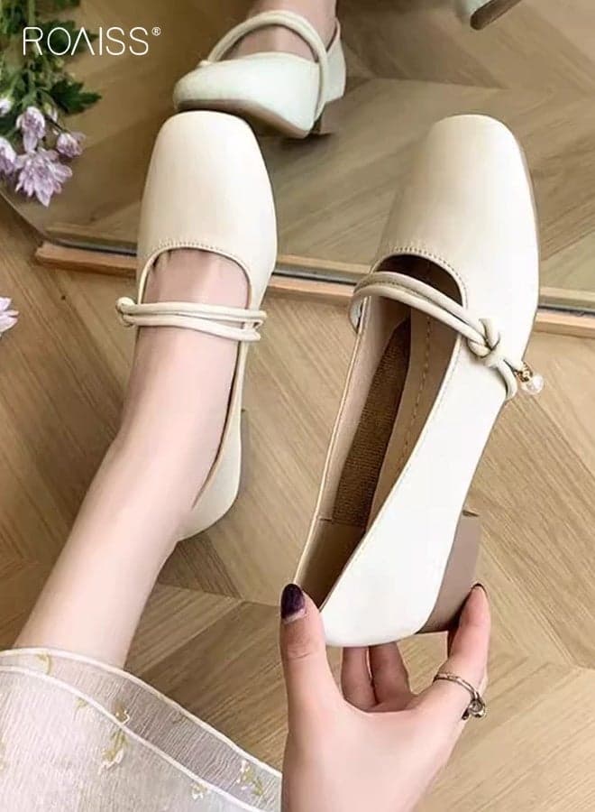 Women's Soft-Soled Low-Cut Round Toe Shoes Slip-On French Mary Jane Flats, Designed for Comfort, Breathability and Non-Slip Wear, Perfect for Daily Commuting Beige Mules