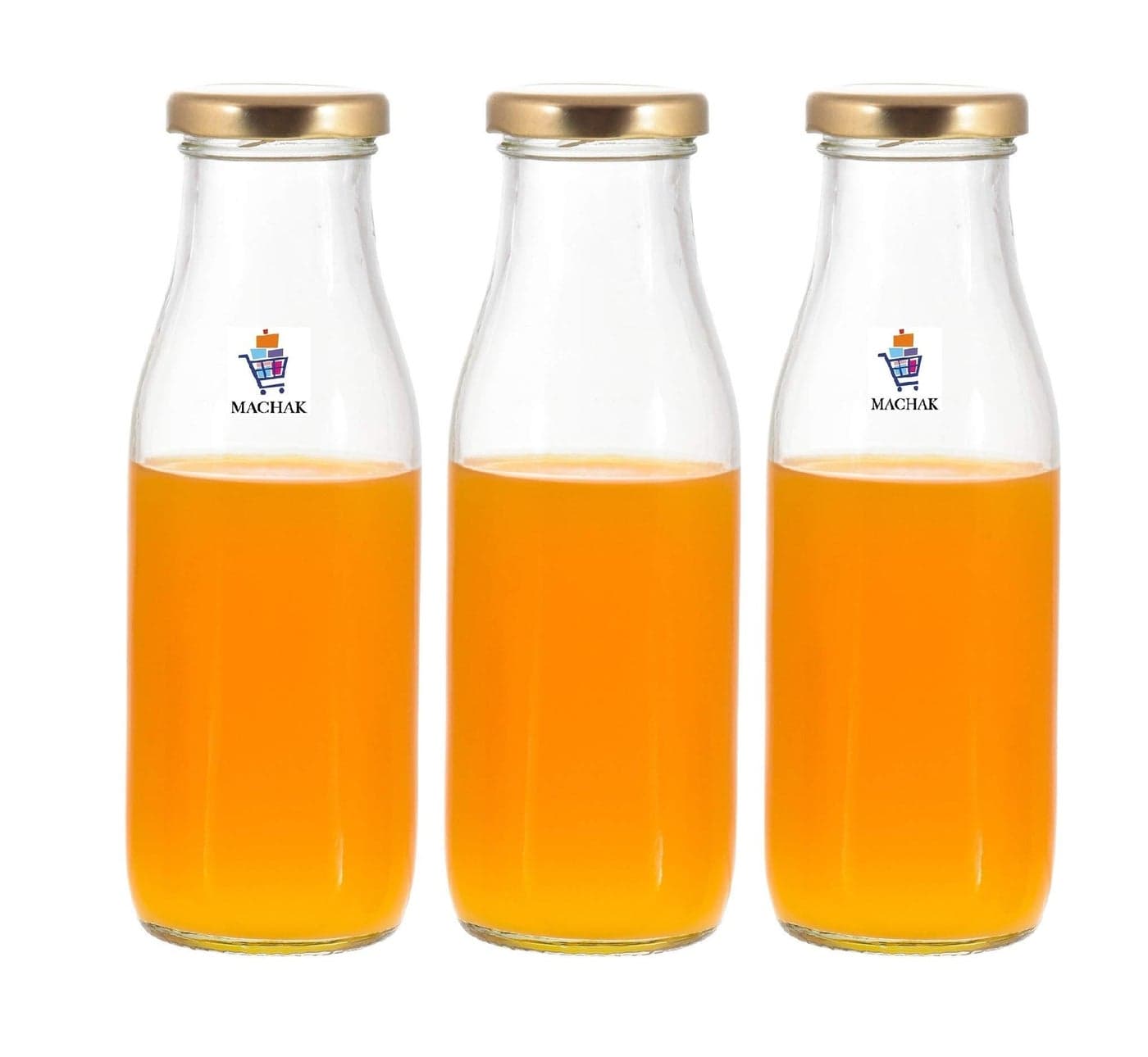 MACHAK Milk Bottle Glass Water Bottle For Fridge with Air Tight Cap, 300 ml, Clear (Set of 3)