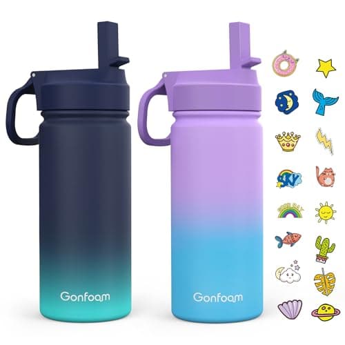 Kids Water Bottle 2Pack 16oz Water Bottles with Stickers and Straw Stainless Steel Vacuum Insulated cup Kids Water Bottle for School Gifts for Boys and GirlsBluePurple