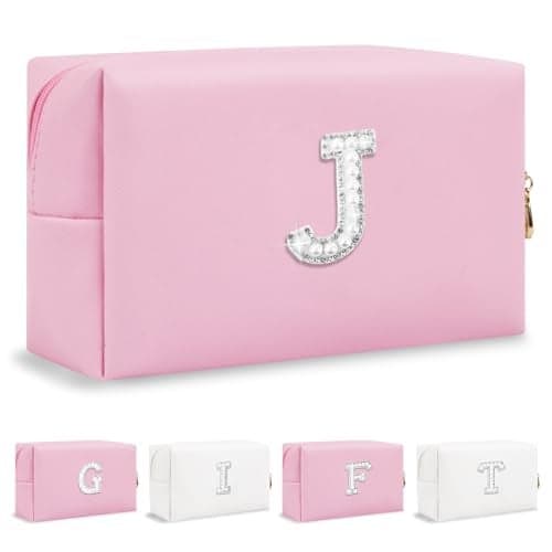Personalized Birthday Gifts Initial Letter Makeup Bag for Women,Pearl Rhinestone Patch Cosmetic Bag Toiletry Bag,Pink Cute Preppy Make Up Bag,Monogram Christmas Gift for Teen Girls Mom Friend Wife,J