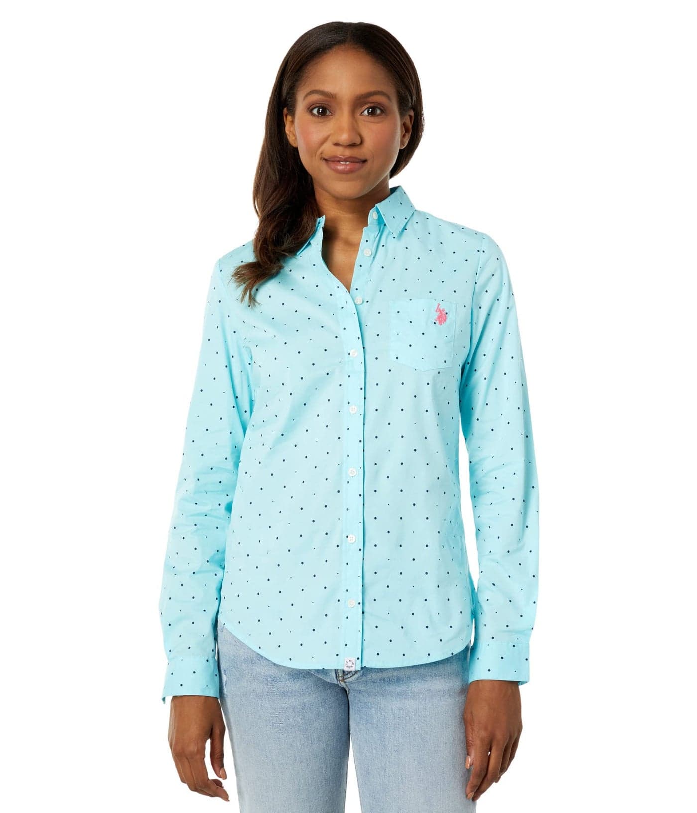 U.S. POLO ASSN. Long Sleeve Dot Stretch Poplin Shirt Easy Turquoise SM