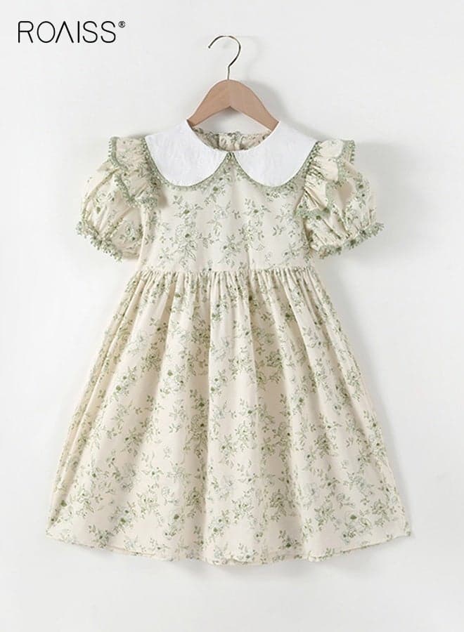 Girls Stylish Summer Dress, Elegant Chic Floral Frock with Back Zipper, Peter Pan Collar Puff Sleeve Dress, Comfortable Breathable Midi Dress for Girls, Suit for Daily Wear or Any Occasion