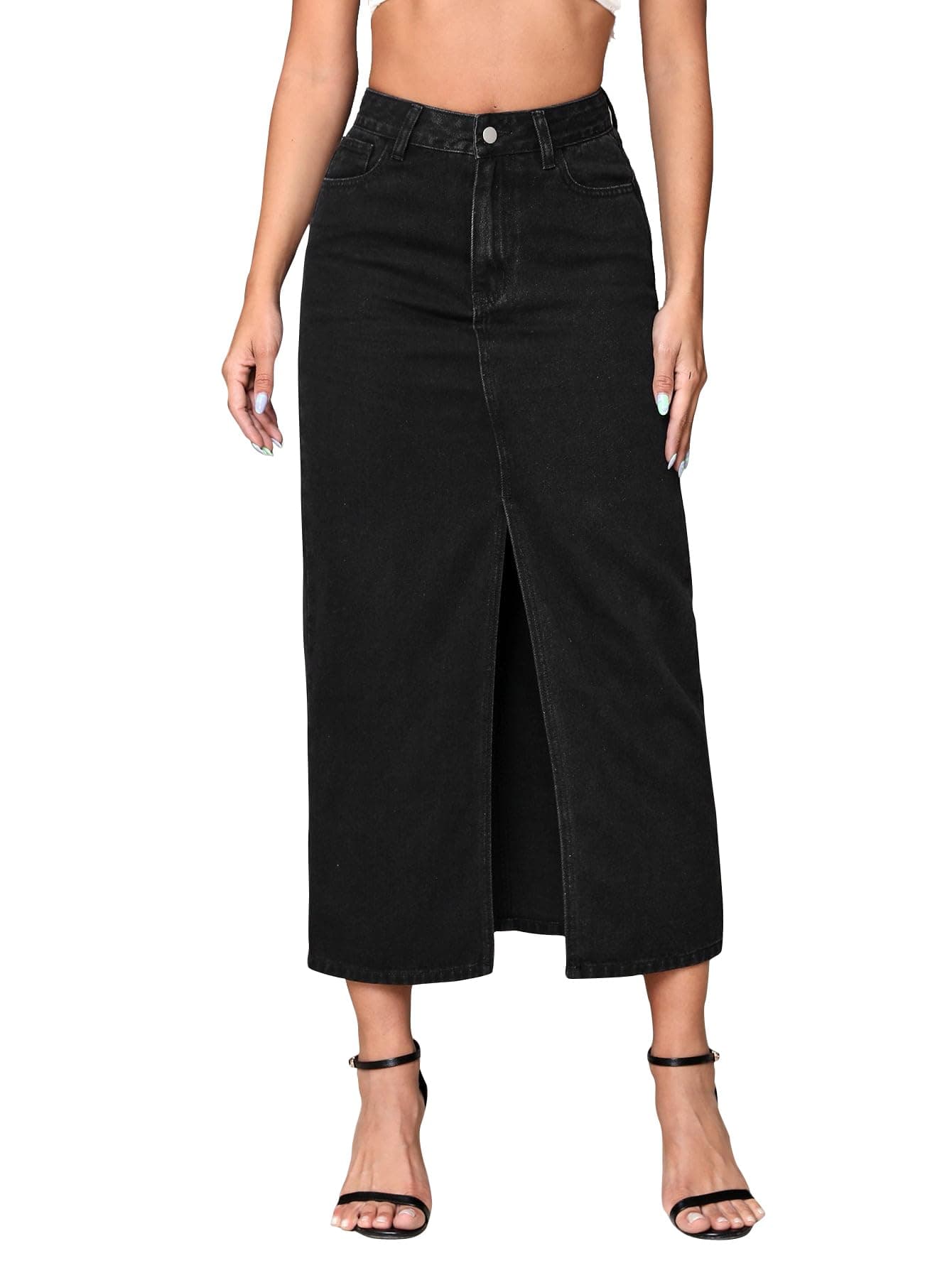 Shasmi Women's Elegant Black Solid High Waist Split Thigh Denim Maxi Skirt for Women's & Girl's (Skirt 180 Black-M)