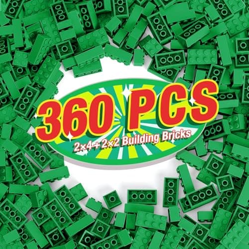 MANNIDOO 360 Pieces Building Bricks Classic Basic Flats Parts and Pieces 2x4 Brick x200 and 2x2 Brick x160 Moc Building Bulks Compatible with All Major Brands Green