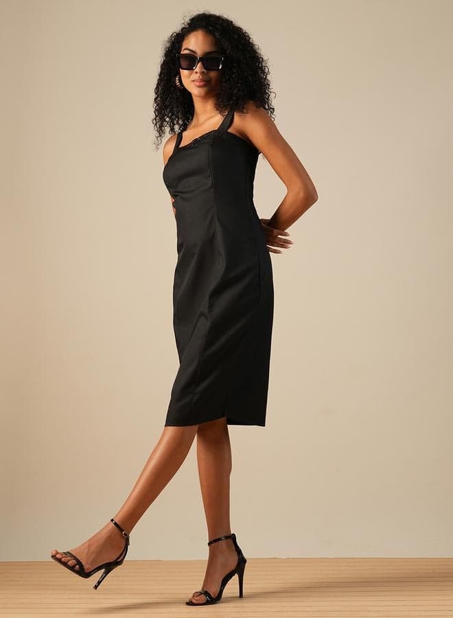 Women Black Solid Strappy Sheath Midi Dress with Buckle Detail