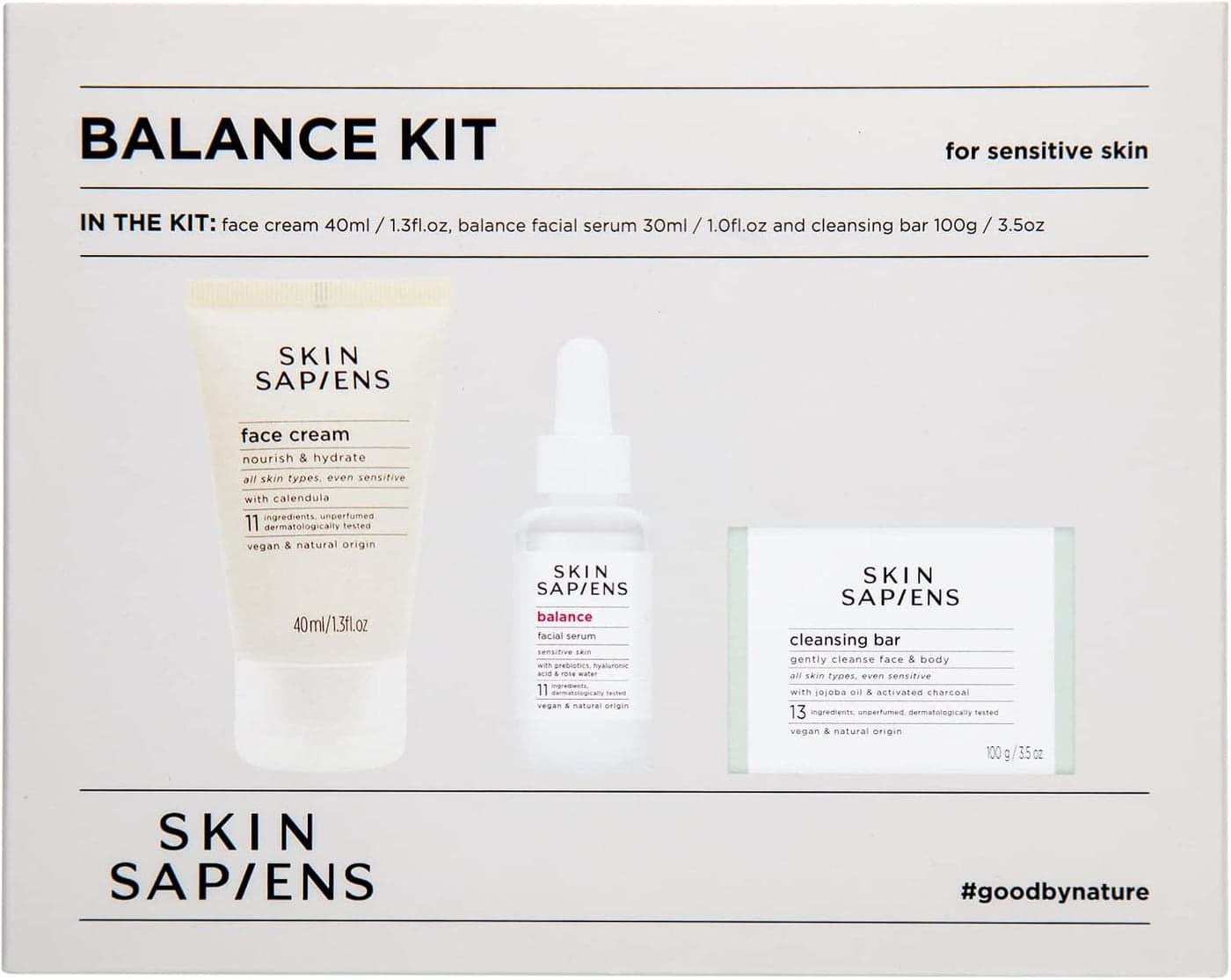 SKIN SAPIENS Balance kit for sensitive skin Ecocert Cosmos Natural Cruelty Free and Vegan Skincare SoapFree Cleansing Bar Nourish Hydrate Cream Balance Facial Serum