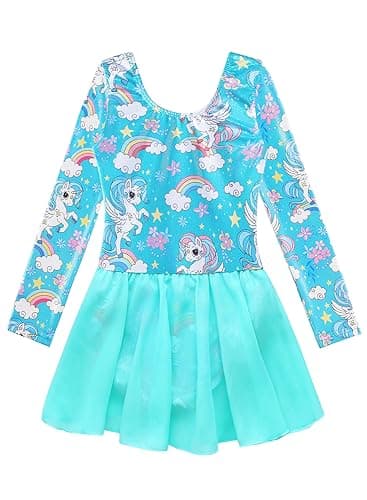 EQSJIU Long Sleeve Dance Leotard for Girls Sparkly Snowflake Ballet Dress Toddler Tutu Skirted Leotard Outfits for Girls, 3-4T, Aquaunicorn