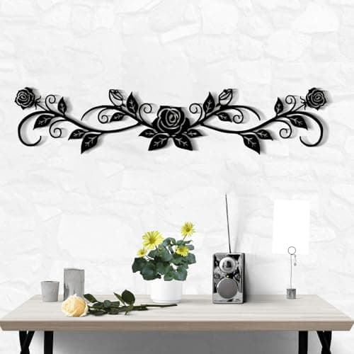 DUOOLN Large Metal Rose Wall Decor,Long Iron Scroll Vine Wall Art Above,Rustic Metal Leaf Wall Hanging Sign,Metal Flowers Sculpture for above Door Living Room Office Indoor and Outdoor Decoration