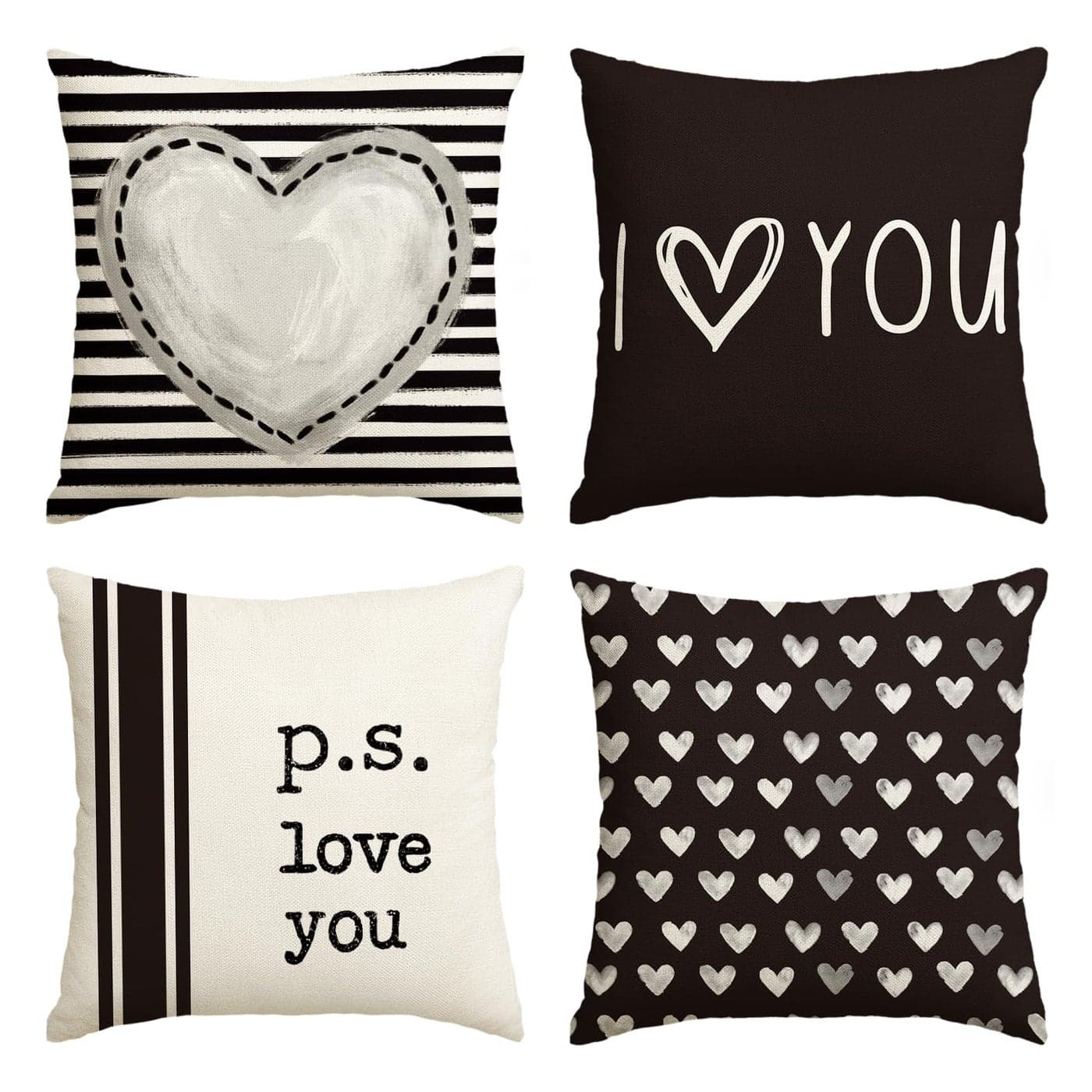 AVOIN colorlife Valentines Day I Love You Throw Pillow Covers 18 x 18 Inch Valentine Heart Stripes ps Love You Wedding Cushion Case Decoration for Sofa Couch Set of 4