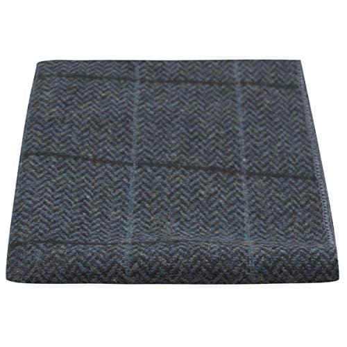 King & Priory Luxury Aegean Blue Herringbone Check Pocket Square, Handkerchief, Tweed