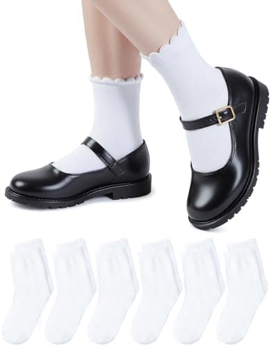 HONGTEYA 6 Pairs Girls White Ruffle Socks School Uniform Dress Socks for Kids Seamless Crew Ankle Cotton Size 4-14 Years (US, Age, 8 Years, 10 Years, white)