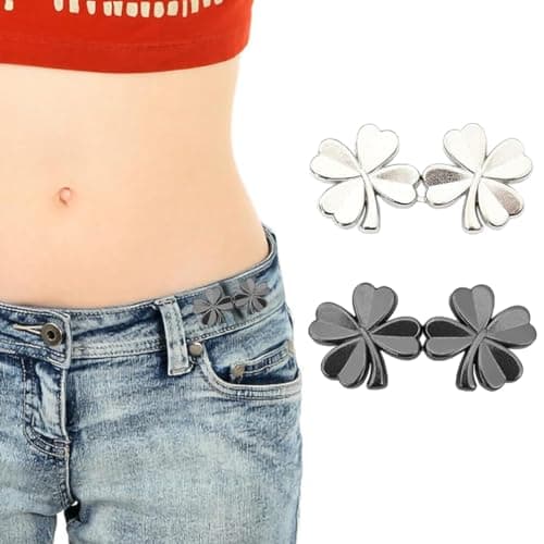 Venzina® 2 Sets Adjustable Waist Buckle for Unfit Jeans Pants, Pants Size Adjuster Four Leaf Clover Metal Jeans Button Pins Waist Tightener, No Sewing Waist Adjuster for Pant, Skirt