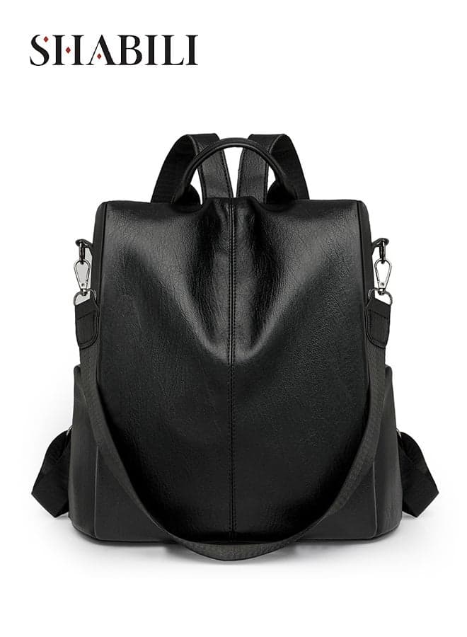 Women PU Backpack Back Bag Shoulder Tote With Large-Capacity Multi-Pocket Vintage Stitching Design for Travel, Ladies Crossbody College Tourist School Bag Convertible Anti-Theft Rucksack (Black)