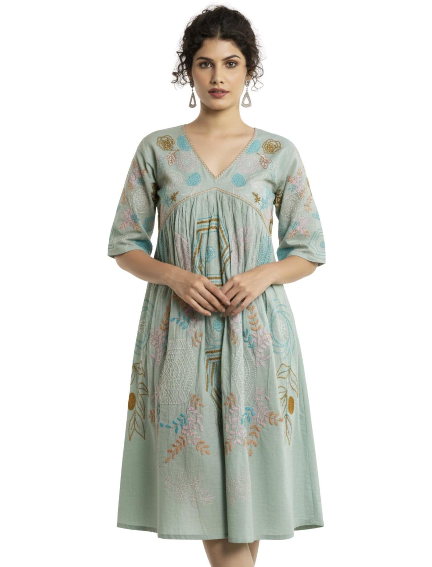 KESUDI Women's Abstract Embroidered Pattern Cotton Blend Midi Dress with V-Neck Half Sleeve Knee Length and Pull on Closure Type | Dress for Women Western | Midi Dresses for Womens Pista