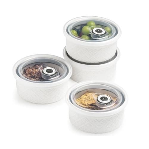 MISSYSSIM Ramekins 6 oz with Lids Oven Safe Small Creme Brulee Ramekins with Covers Ceramic Ramekin Set of 4 Mini Prep Pinch Bowls Dishwasher and Oven Safe White