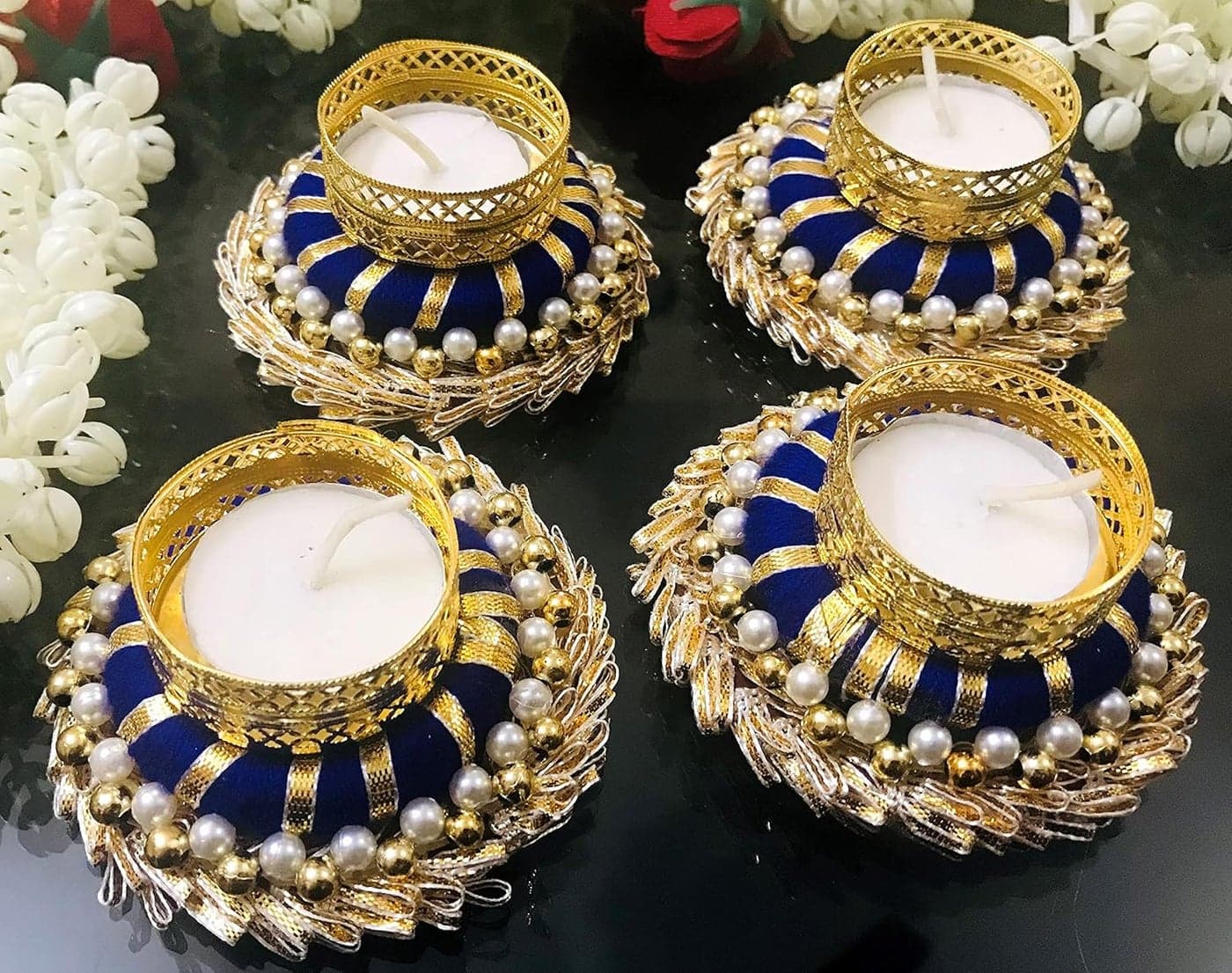 Evisha 4 Pcs Hand Made Diya Tea Light Candles Holder for Diwali Decoration Decorative Diya Tealight Candle Holder Diwali Diya for Home Decoration Including 4 Wax Tea Lights D 16