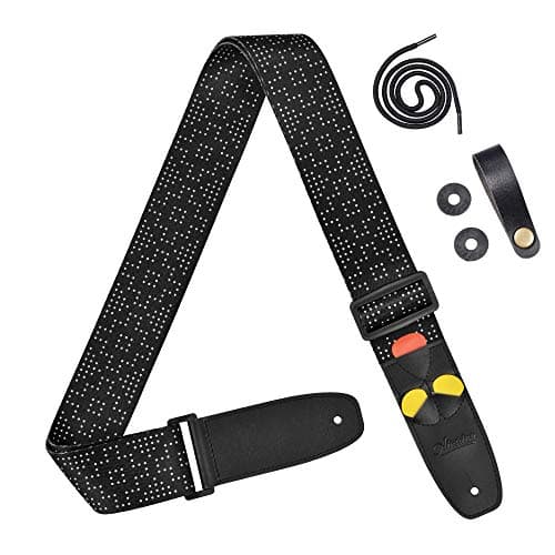 Amumu White Dot Guitar Strap with 3 Pick Holders for Acoustic, Electric, Bass Guitars -Black