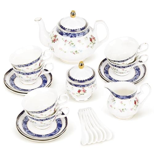 fanquare Bone China Tea Sets for Adults, 21-Piece Blue Lace and Roses Porcelain Tea Service with Sugar Bowl & Creamer, English Cremic Floral Teacups Set of 6 for Women Tea Party