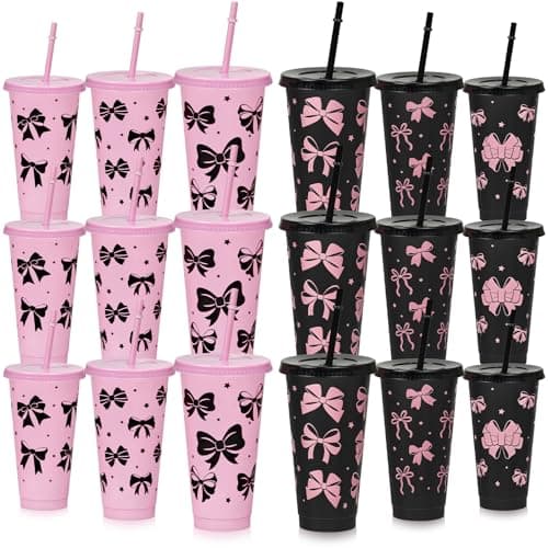 Cinrobiye 12 Set Pink and Black Bow Tumbler Cups with Lids and Straws Bow Plastic Cups 24 oz Reusable Drink Cup Bulk for Women Gift Birthday Wedding Bridal Baby Shower Party Decor (Black & Pink)