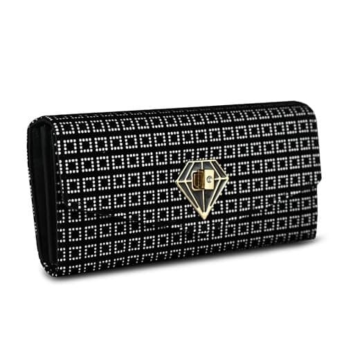 ALSU Women's Wallet Clutch Purse Black & White | 4 Card Pocket| Twist Lock Closure| Phone Pocket (gdu-10bw)