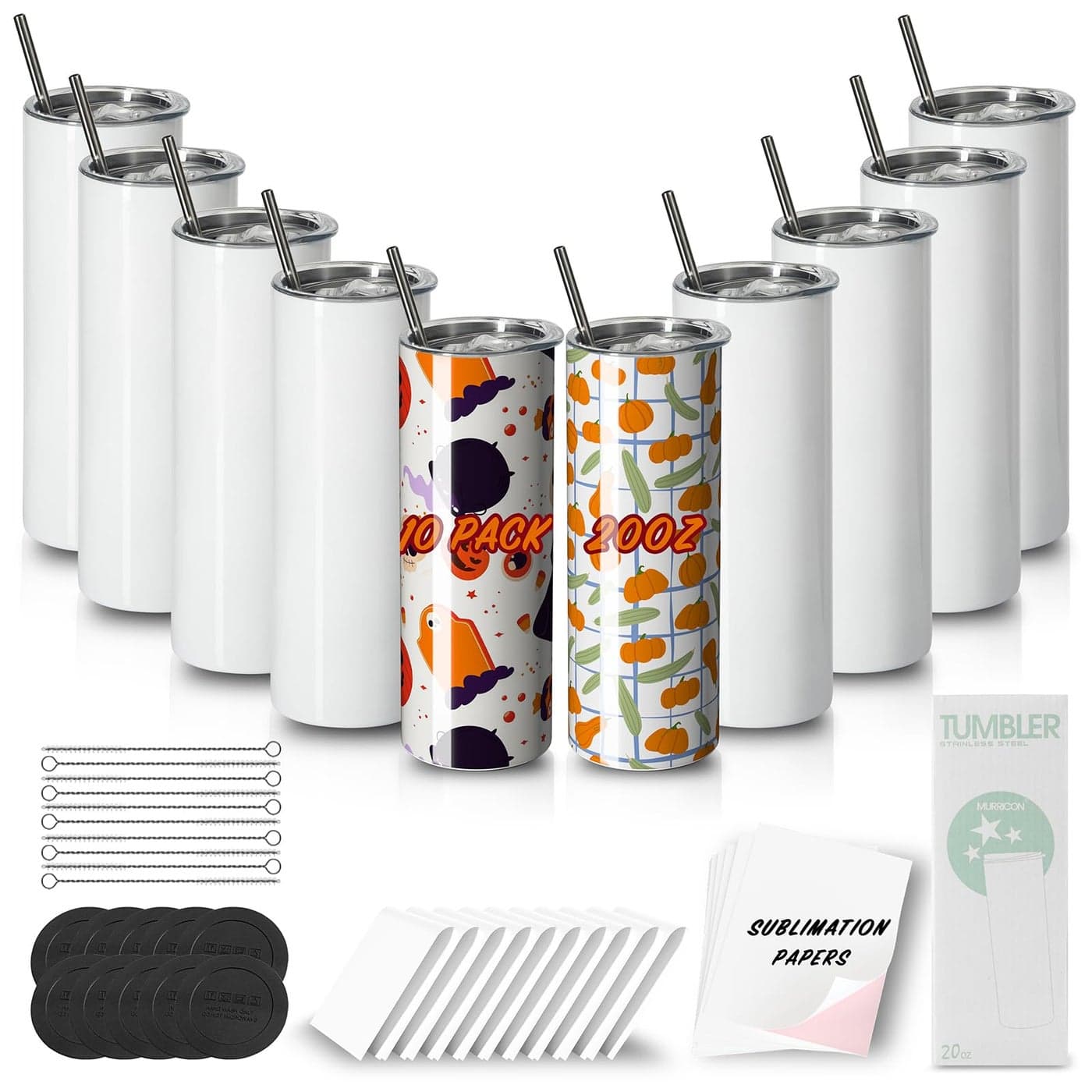 MURRICON Sublimation Tumblers 20 oz Skinny StraightStainless Steel Sublimation Blanks Skinny TumblerDouble Wall Vacuum Insulated Tumblerswith lid and straw10 Pack