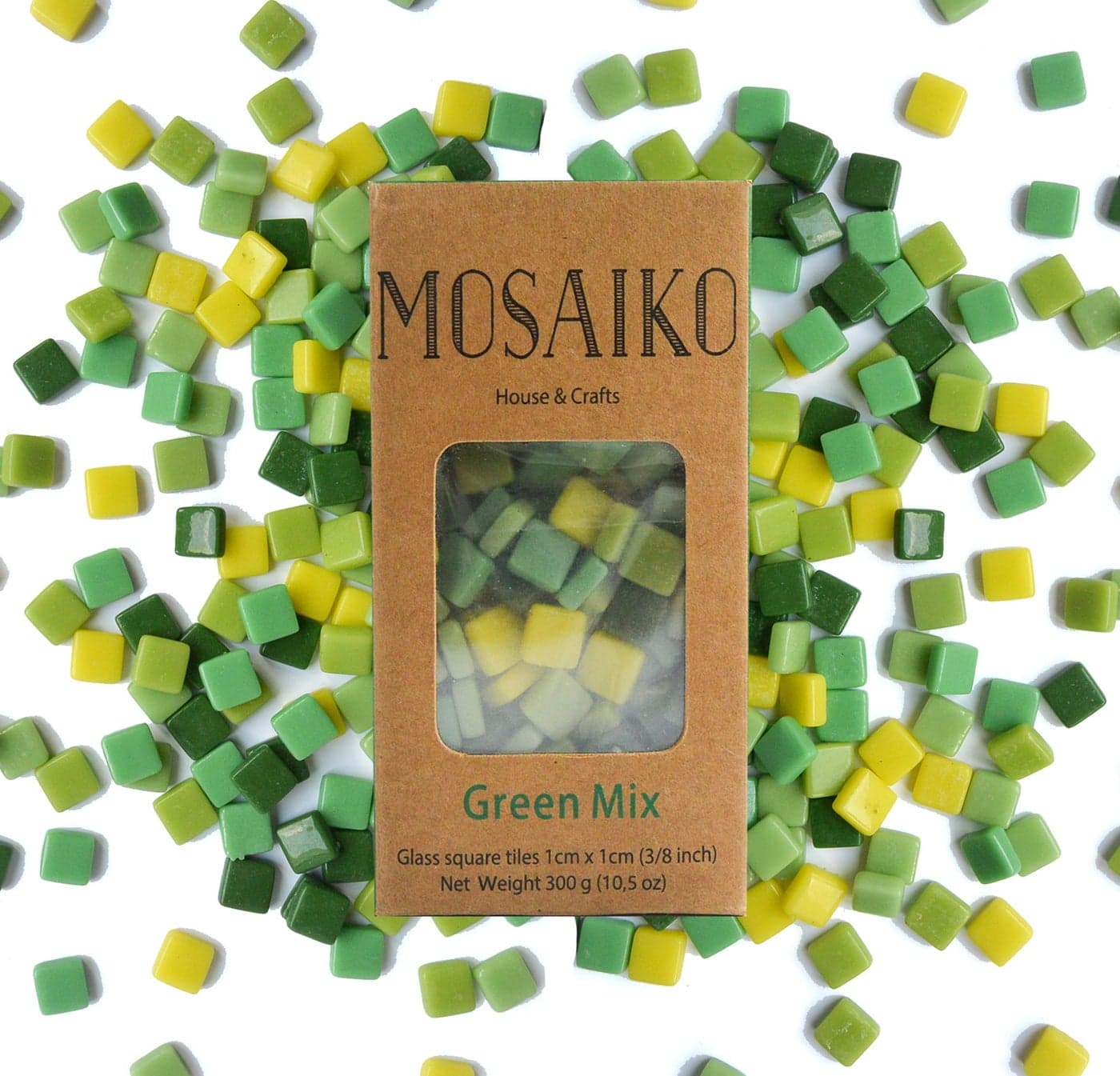 MOSAIKO Green Mix 300g 105oz Mosaic Glass Tiles for Crafts Premium Quality Stained Square Pieces 1cm x 1cm 38 inch Perfect for Home Decor DIY Crafts Pixel Art Kid Play Adult Hobbies