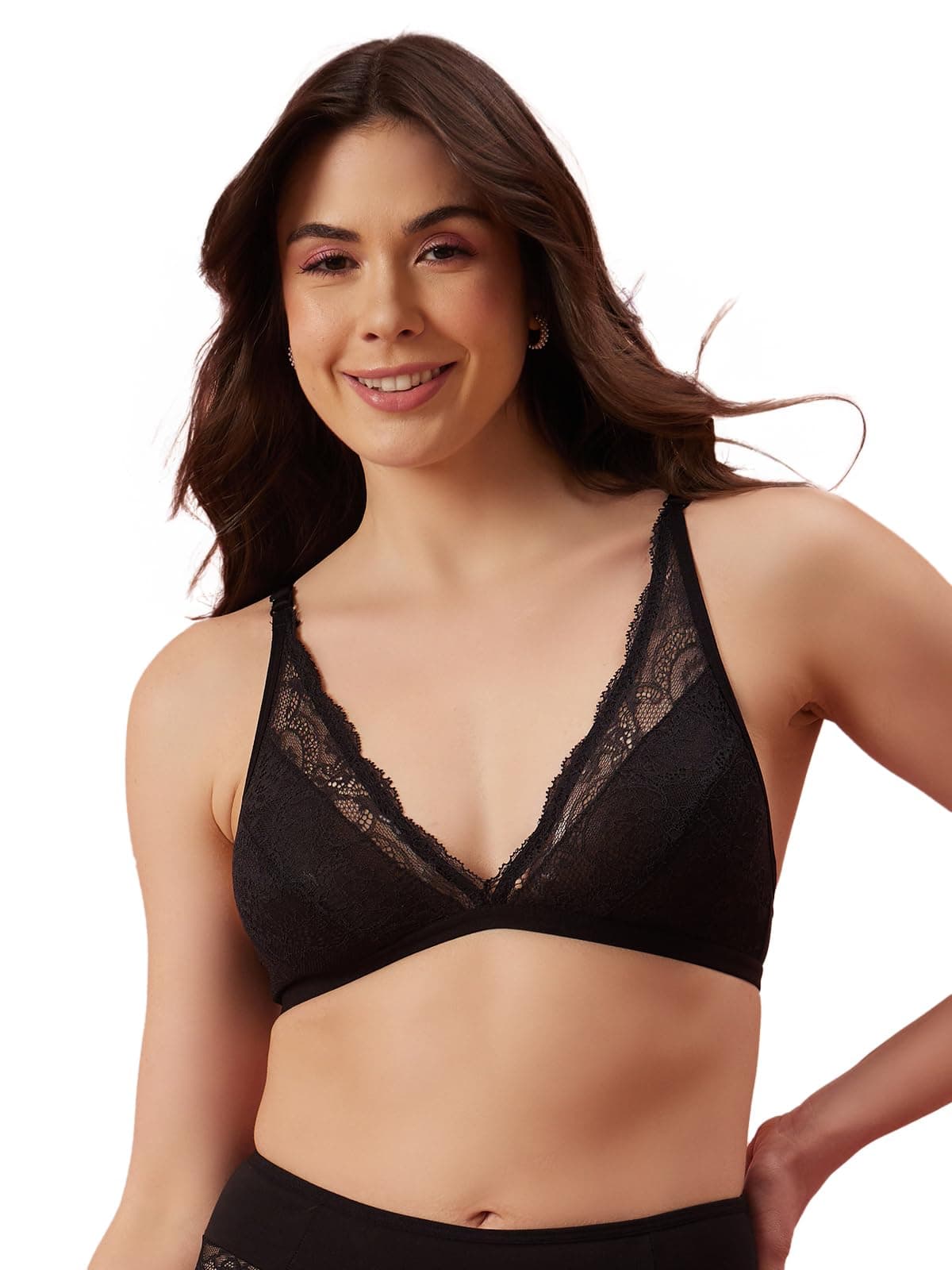 Clovia Women's Lace Solid Non-Padded Demi Cup Wire Free Plunge Bra (BR2154P13_Black_34B)