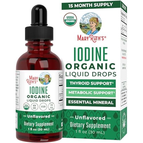 MaryRuth Organics Iodine Liquid Drops Potassium Iodide 1 Year Supply 450 Servings Thyroid Health USDA Organic Vegan NonGMO Gluten Free 1 Fl Oz