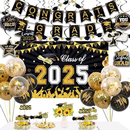 Graduation Decorations 2025 Set include Class of 2025 Backdrop, Congrats Grad Banner, Balloons and Cupcake Toppers for 2025 Balloons Graduation Party Supplies