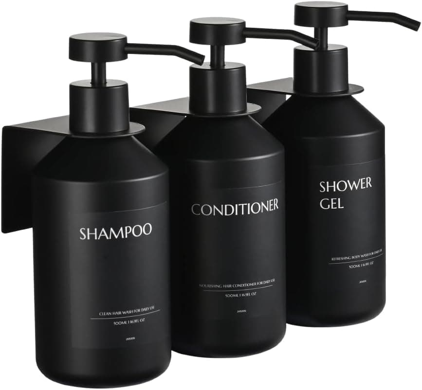 JANXIN Shampoo and Conditioner Dispenser Set of 3 for Wall Mount169 fl oz Drill Free Shower Soap Bottles with LabelsRefillable Body Wash Dispensers for Bathroom Decor Black Bottles Black Pumps