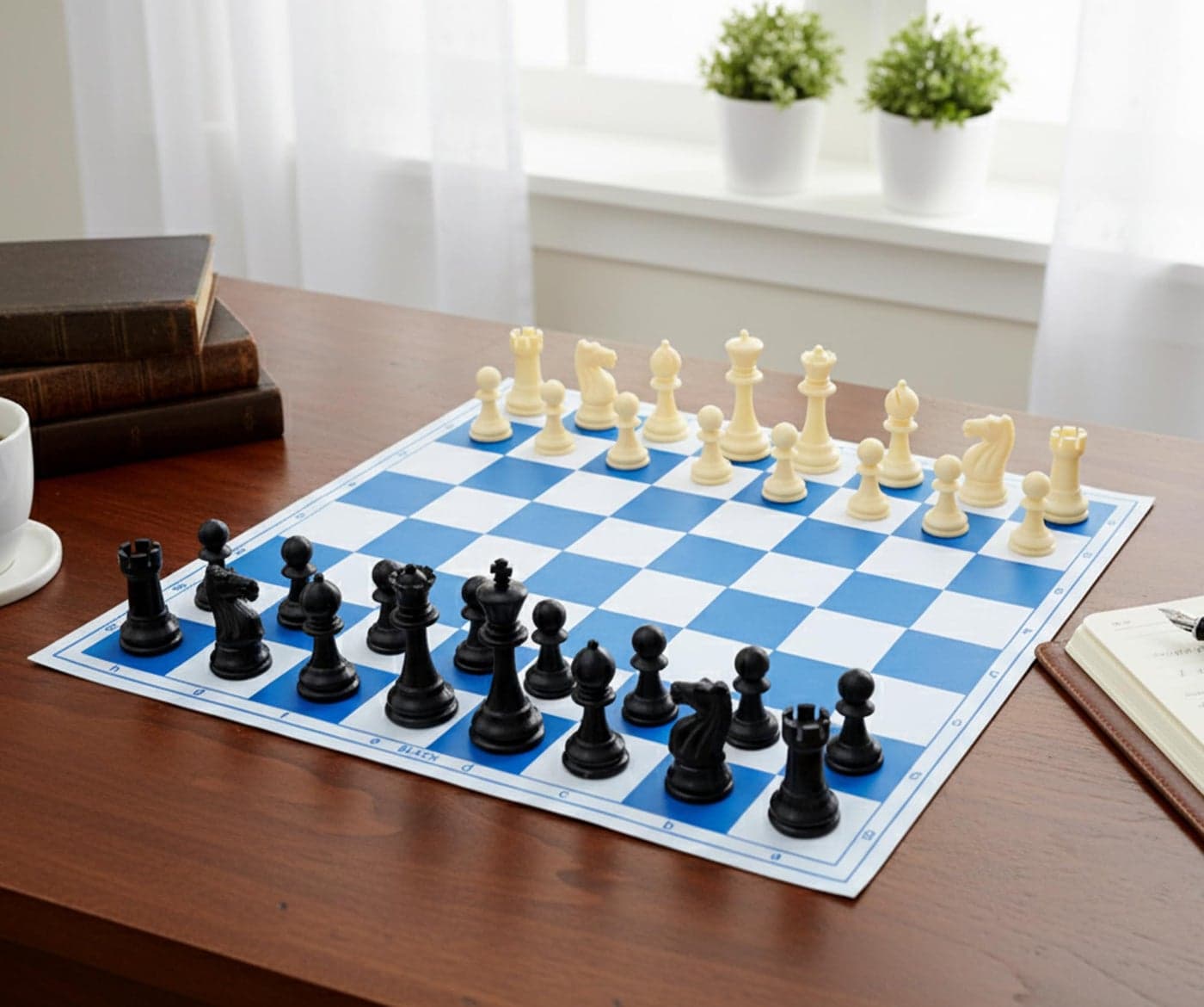 StonKraft 18.2'' x 18.2'' Tournament Chess Vinyl Foldable Chess Game with Solid Plastic Pieces (with Two Extra Queens + Vinly Pouch) - for Professional Chess Players - Blue