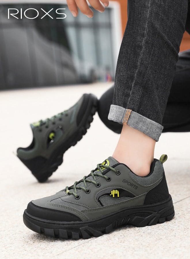 Men's Waterproof Hiking Shoes, Lightweight Anti Slip Trekking Sneakers for Men, Breathable Comfortable Outdoor Sports Shoes, Classic Lace-up Walking Work Sneakers for Camping, Climbing, Cycling, Fishing, Jungle and More, Green