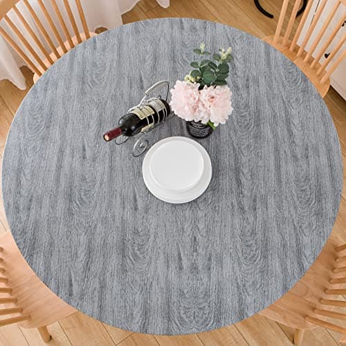 LIBERECOO Round Vinyl Fitted Tablecloth with Flannel Backing Elastic Edge Table Cover Waterproof Stain-Resistant Wipeable Tablcloths Fits 45-56" Round Tables