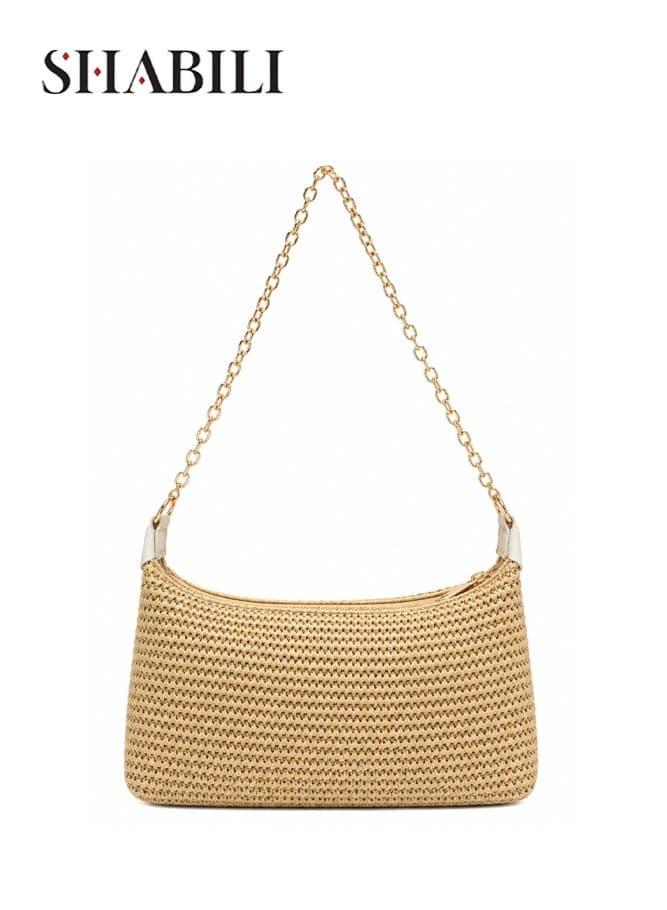 Women Shoulder Bag PU Large-Capacity Woven Straw Beach Crossbody Satchel, Ladies Cross Bags Handbag Tote Bags Chic Chain Strap Summer Purse for Teen Youth Daily Casual Party Travel Work (Beige)
