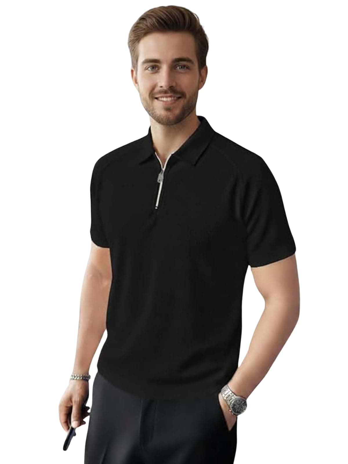 GRECIILOOKS Men T-Shirt | Tshirt for Mens | Polo T Shirt |Old Money Tshirts (GL-MT-1231-L-BLACK)