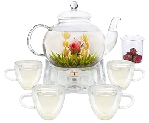 GURUDAR Glass Teapot Set, 40OZ/1200ml Stovetop Safe Glass Tea Kettle with Removable Infuser & Tea Warmer, Tea Cups Set of 4, Blooming Tea & Loose Leaf Tea Maker Set for Women,4 Double-Wall TeaCups