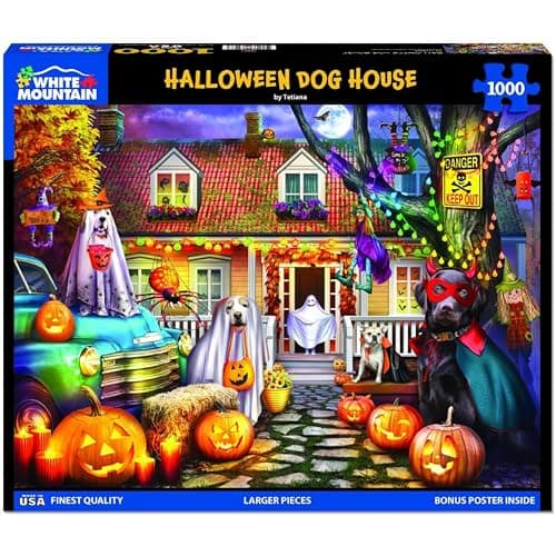 White Mountain 1000 Piece Jigsaw Puzzle Spooky Fall Dog Puzzles with Large Pieces Gifts for Adults and Family 24x30 Halloween Dog House