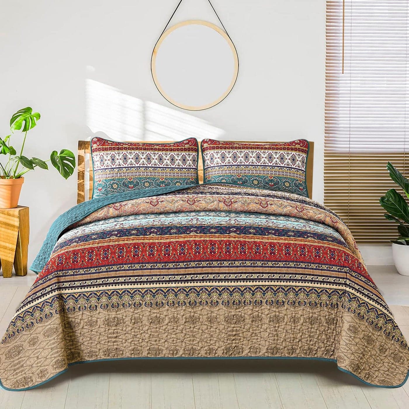 WONGS BEDDING Boho Full Quilt Set3 Pieces Green Brown Bohemian Full Size Bedding Set Lightweight Microfiber Bed Decor Bedspread for All Season 78x90