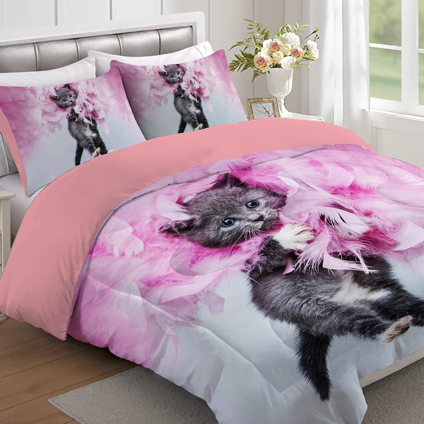 Yasida Twin Cat Bedding Set Pink Feathers Black Cat 3Pcs 1 Comforter 2 Pillowcases Kids Animal Pets Comforter Set