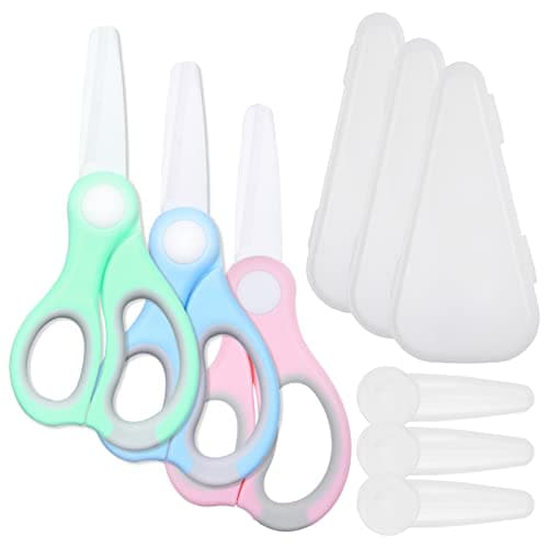 Kare & Kind 3x Ceramic Baby Food Scissors - Blue/Pink/Green - With Dust Cover and Storage Case - Cut Baby Food Easily - Ideal for Noodles, Meat, Chicken, Veggies and Fruits