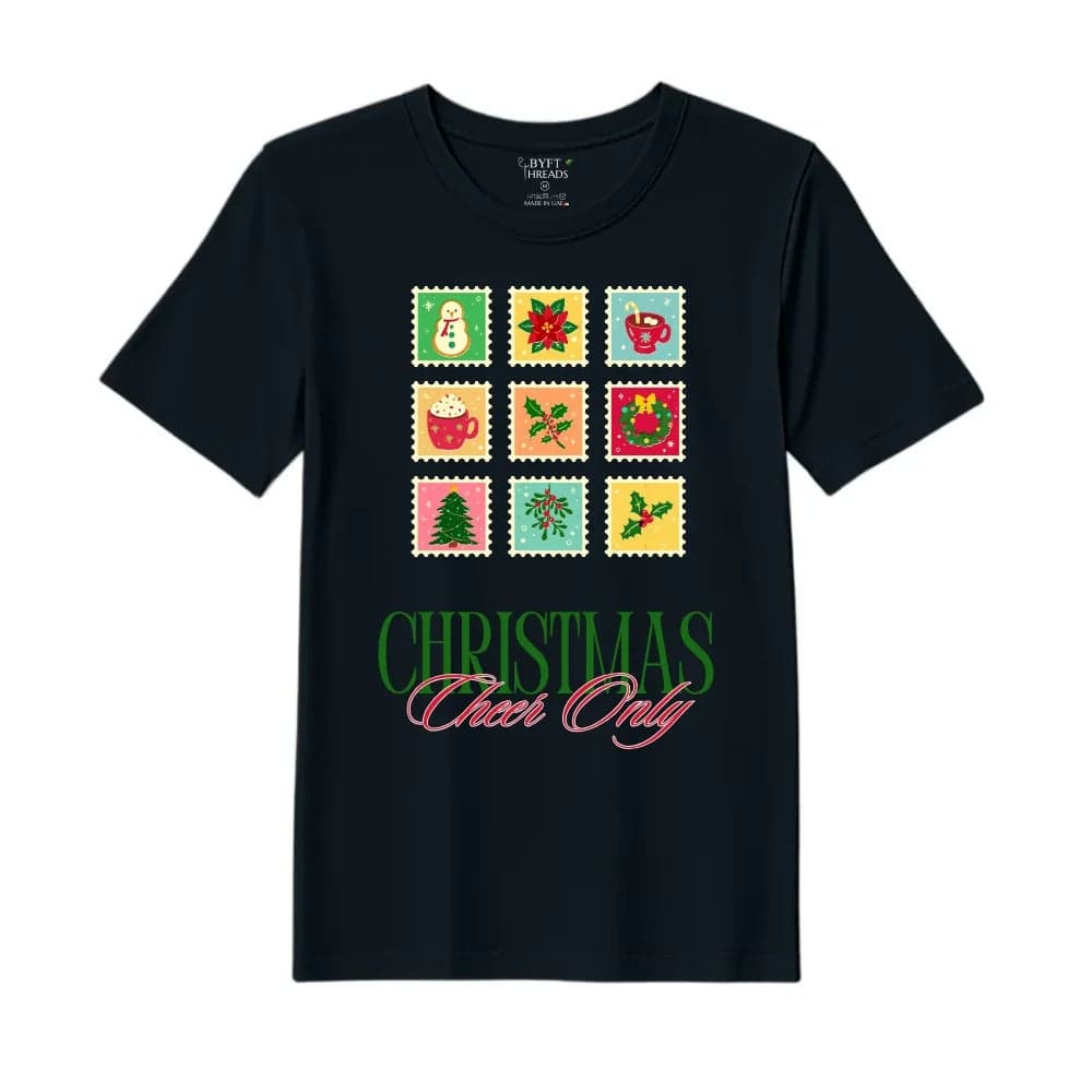 BYFT Threads XL Black Polycotton T-Shirt - Christmas "Christmas Cheer Only" Printed Design, Premium Holiday Collection