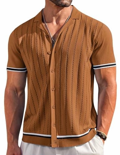 COOFANDY Shirts for Men Short Sleeve Casual Shirt for Men Short Sleeve Button Down Shirt for Men Brown