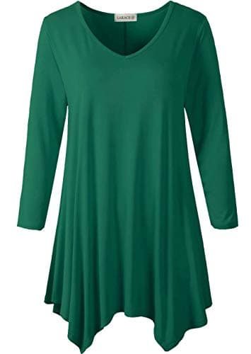 LARACE Plus Size Tops for Women Tunic Asymmetrical Dress Shirts 3/4 Sleeve V Neck Flowy Ladies Clothes for Leggings(Deep Green S)